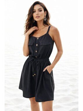 NWT Blush Black Button-Front Sleeveless Dress Bib Overall Drawstring Plus Sz 1X